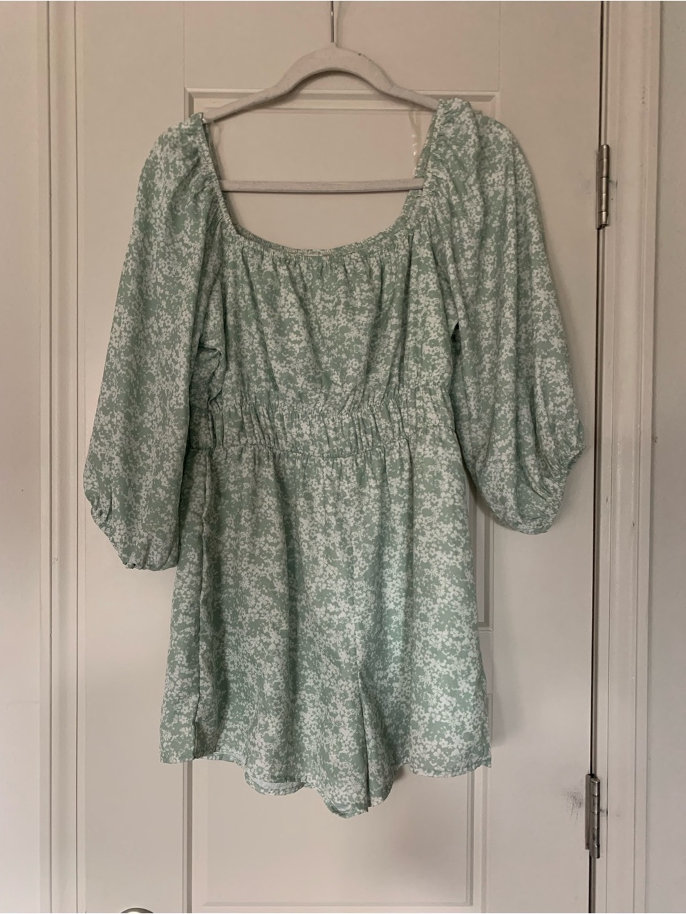 Altar’D State Light Green Floral Peasant Romper with Puff Sleeves